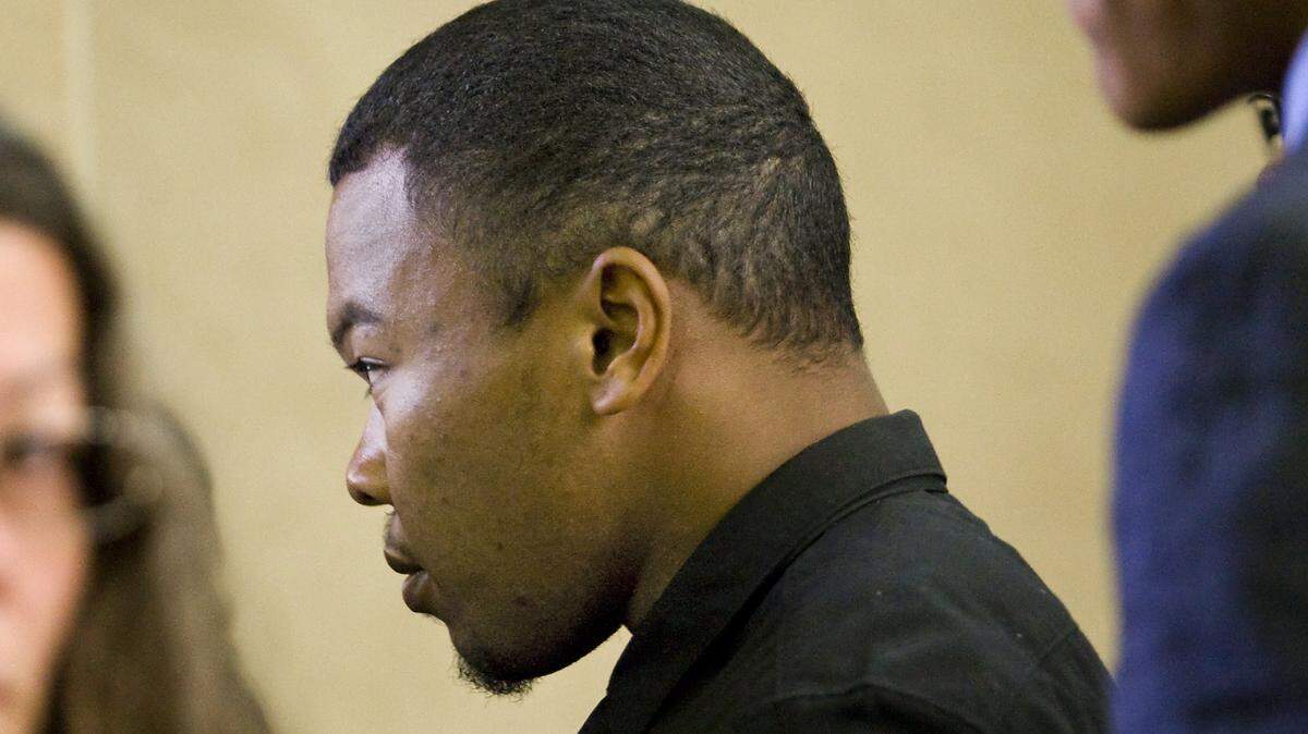 Kristaan Sterling Ivory, 20, of Los Angeles, one of five Cal Poly football players arrested in connection with an Aug. 10 attempted armed robbery at the Delta Sigma Phi fraternity house, appears in court Monday, Aug. 25, 2014, in San Luis Obispo.