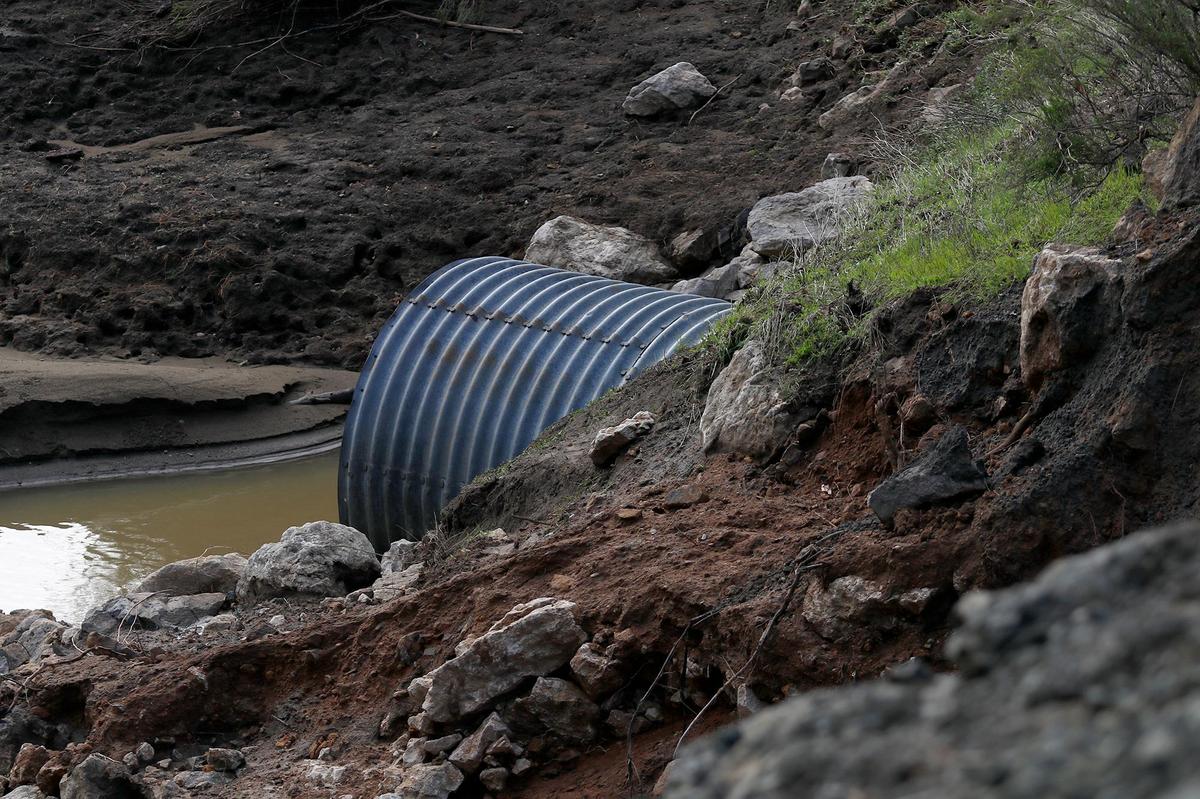 A culvert pipe is seen Saturday, March 11, 2023, after Chimney Rock Road northwest of Paso Robles washed out during a recent rain storm.