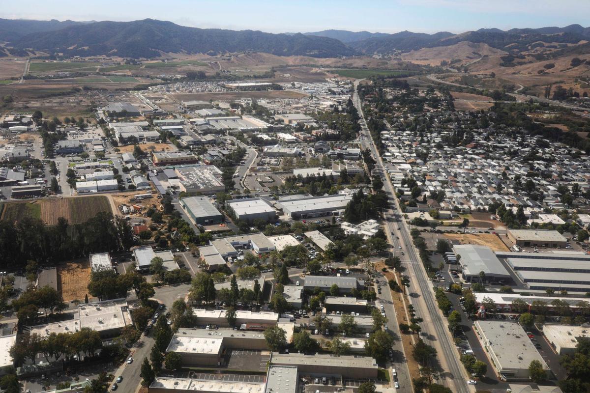 Businesses and homes line South Higuera Street in San Luis Obispo. The Northern Chumash Tribal Council organized an aerial tour of lands bordering the Chumash Heritage National Marine Sanctuary on Sept. 18, 2024. The flight was sponsored by EcoFlight, a nonprofit dedicated to appreciation of the environment.