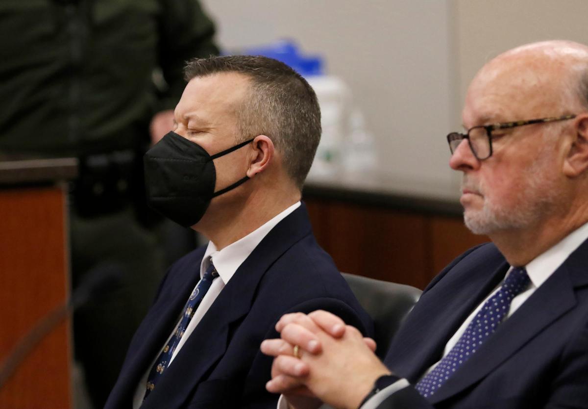 Paul Flores, left, reacts as he was sentenced to 25 years to life in prison for the 1996 murder of Kristin Smart, at Monterey County Superior Court in Salinas on March 10, 2023.