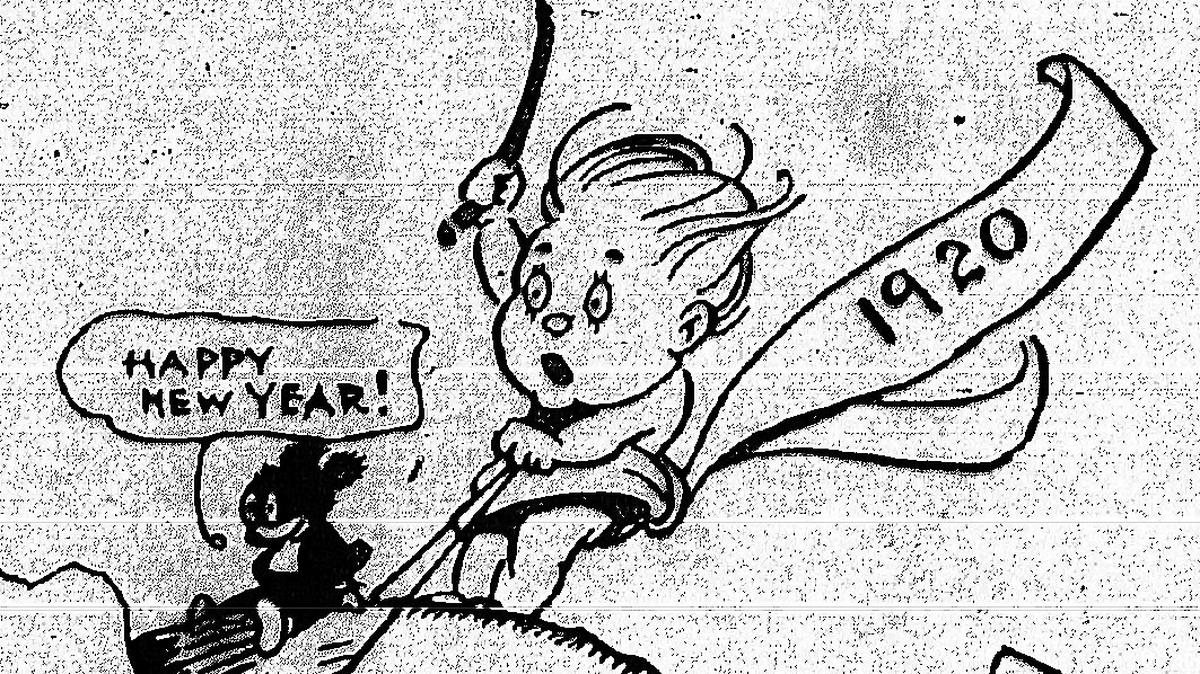 Detail from a Bob Satterfield cartoon welcoming in the New Year of 1920, published in the San Luis Obispo Daily Telegram at the end of 1919.