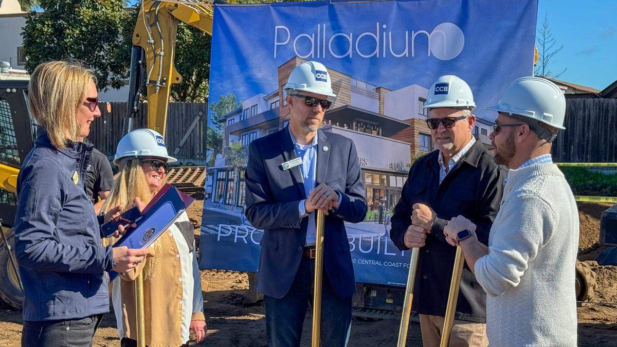 Grover Beach city government officials and Coastal Community Builders staff hold a groundbreaking event for a 37-unit mixed-use project on West Grand Avenue on Jan. 25, 2023.