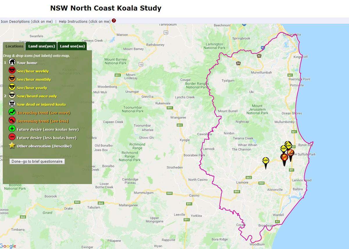 A Google Map shows the area where Cal Poly professor Greg Brown and a team of researchers conducted a study on koalas in New South Wales, Australia.