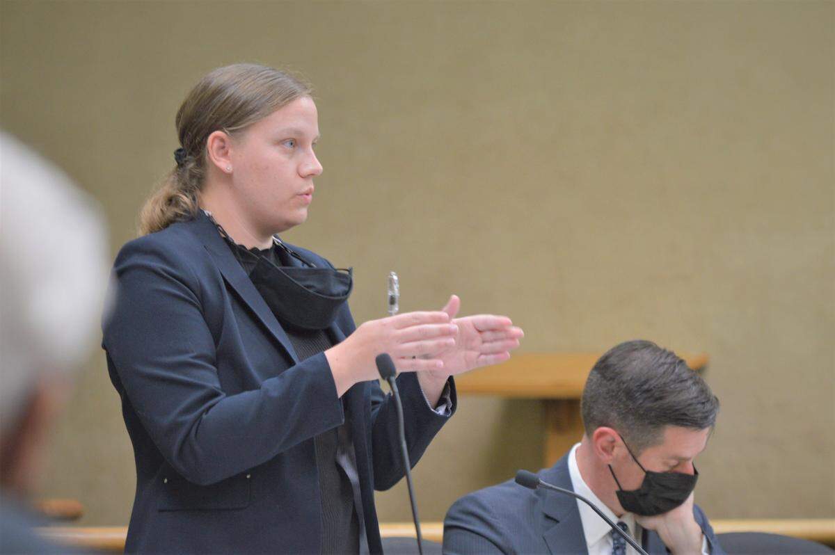 Sarah Sanger, one of two attorneys representing Paul Flores, questions a witness in San Luis Obispo Superior Court on Aug. 30, 2021. Paul Flores and his father Ruben are facing murder and accessory charges respectfully related to missing Cal Poly freshman Kristin Smart.