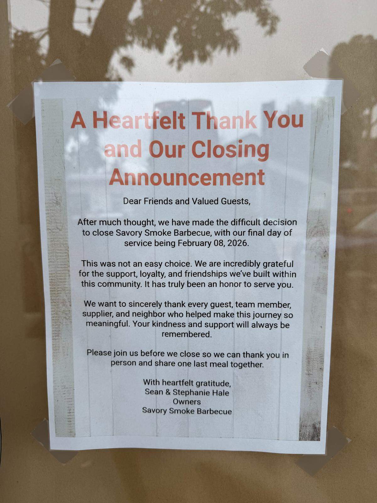 Savory Smoke Barbecue at 897 Main St. in Morro Bay closed in early February, according to a sign pasted outside the storefront.