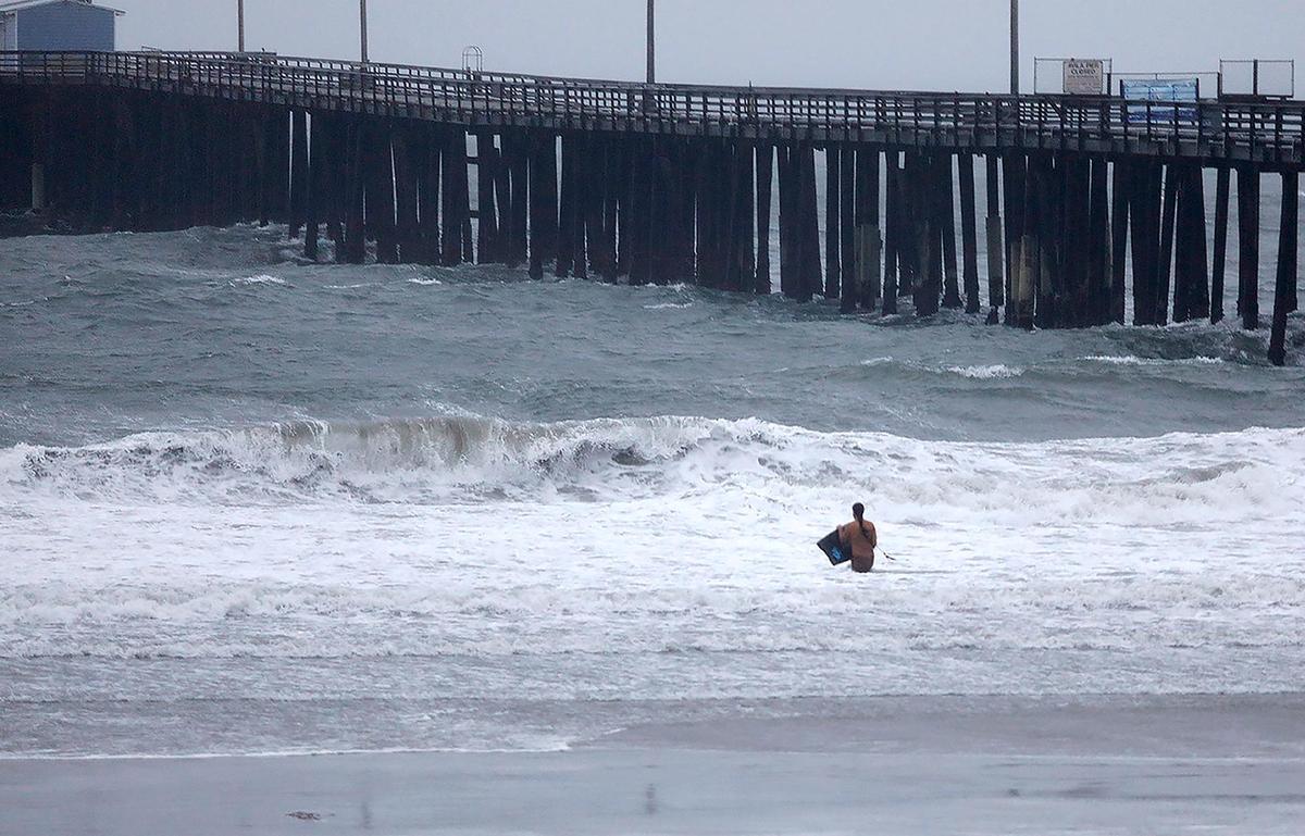 A man enters the storm surf on a boogie board at the Avila Beach Pier. A powerful storm brought wind and rain to San Luis Obispo County, resulting in traffic collisions, downed trees, flooding, electrical outages and the cancellation of the Vine Street Victorian Showcase in Paso Robles.