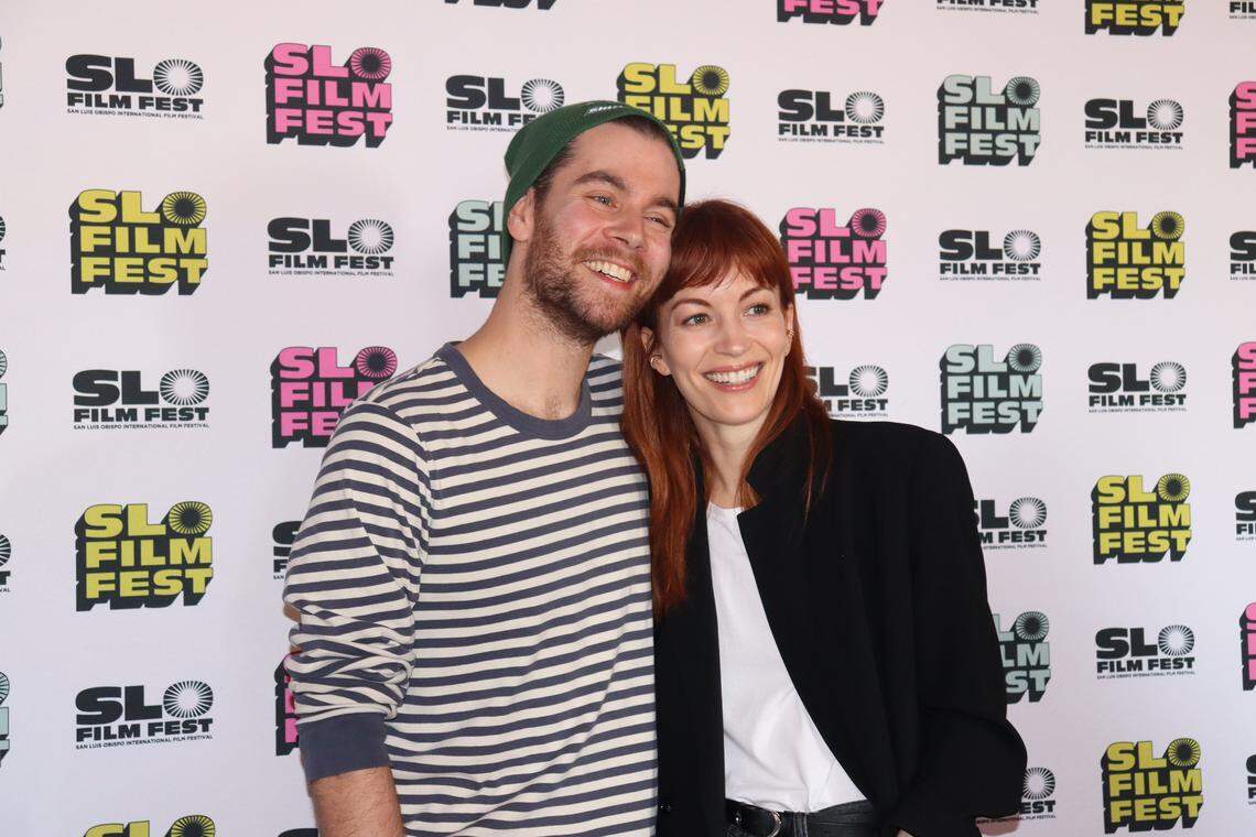 “Sender” director Russell Goldman, left, and actress Britt Lower, who stars as Julia Day in the new independent film. The two walked the red carpet at the Masonic Lounge in downtown San Luis Obispo for the film’s showing at the SLO International Film Festival on April 26, 2026.
