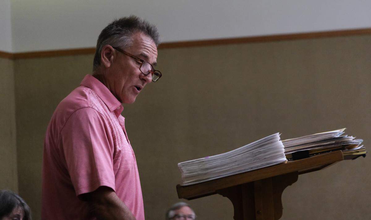 Kevin Rock speaks during Andrea Bowen-Gardner’s sentencing on June 10, 2024, for three felony counts of embezzlement and one felony count of writing a bad check. Bowen-Gardner pleaded no contest to the crimes after being accused of consigning items at her store, Timeless Treasures, and not paying consigners once their items sold.