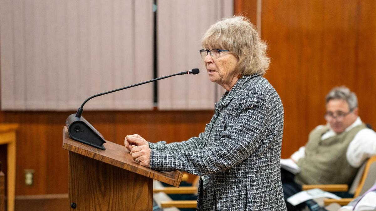 San Luis Obispo resident Leslie Halls speaks in opposition to the Waterman Village tiny home project Tuesday, March 4, 2025. Halls and several other San Luis Obispo residents filed an appeal against the project in December 2024, claiming it violates the grant deed that gave the 466 Dana St. property to the city.