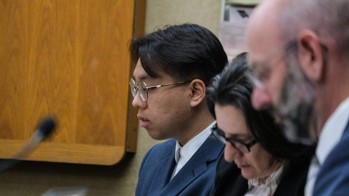Brandon Pham, left, attends his sentencing hearing with his attorney, Adrienne Haddad, center, and San Luis Obispo County Deputy District Attorney Ben Blumenthal in San Luis Obispo Superior Court on Sept. 18, 2024. Pham pleaded guilty to having multiple guns on Cal Poly campus and was sentenced to 210 days in jail, two years of probation and 60 hours of community service.