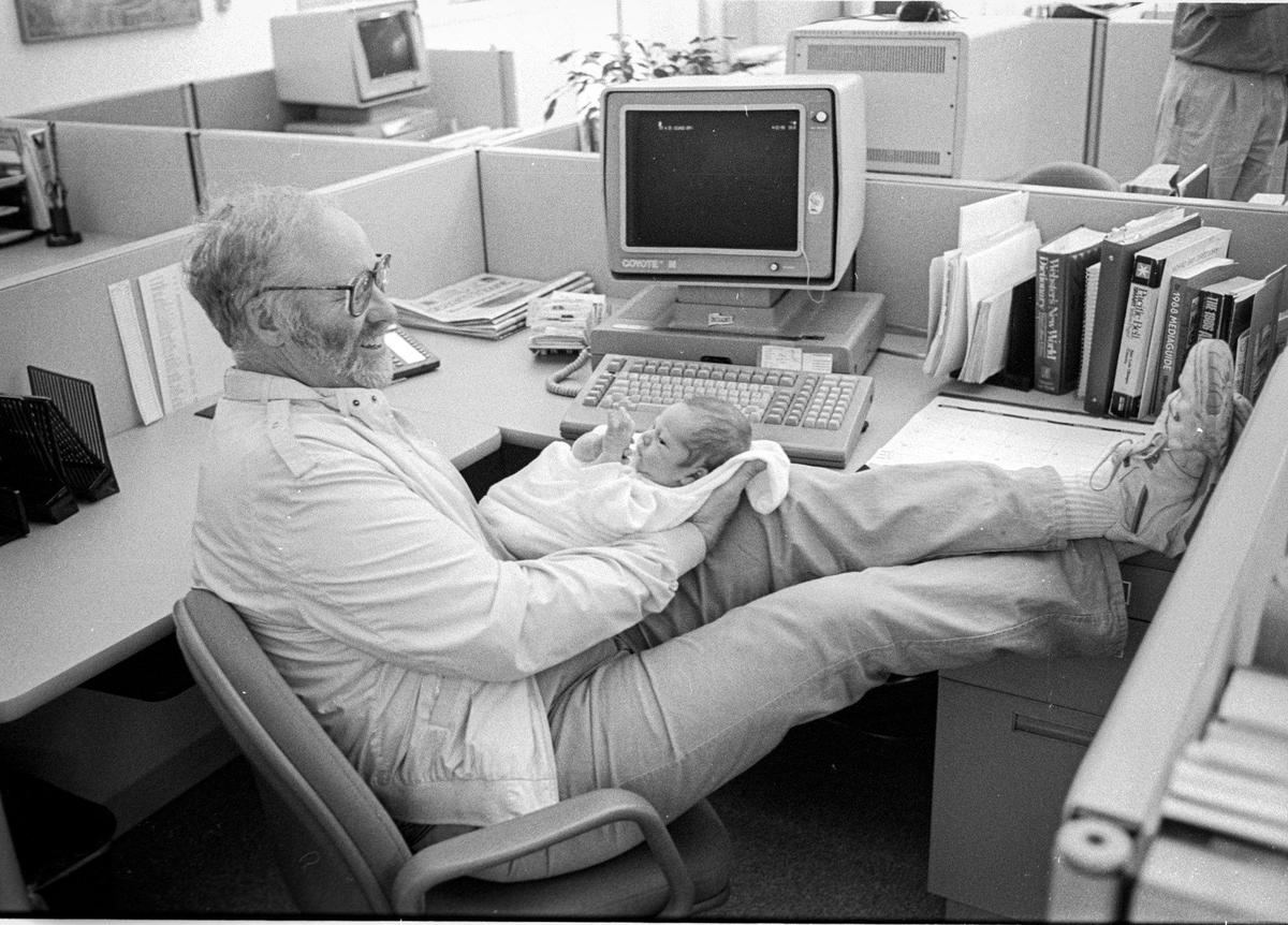 City editor Larry Mauter and son Cole at the Telegram-Tribune office at 3825 South Higuera in San Luis Obispo shortly after it opened during a Family Day event April 21, 1993. At the time the newsroom used a closed mainframe computer system. Dictionary, phone book and style guides were on every reporter’s desk.