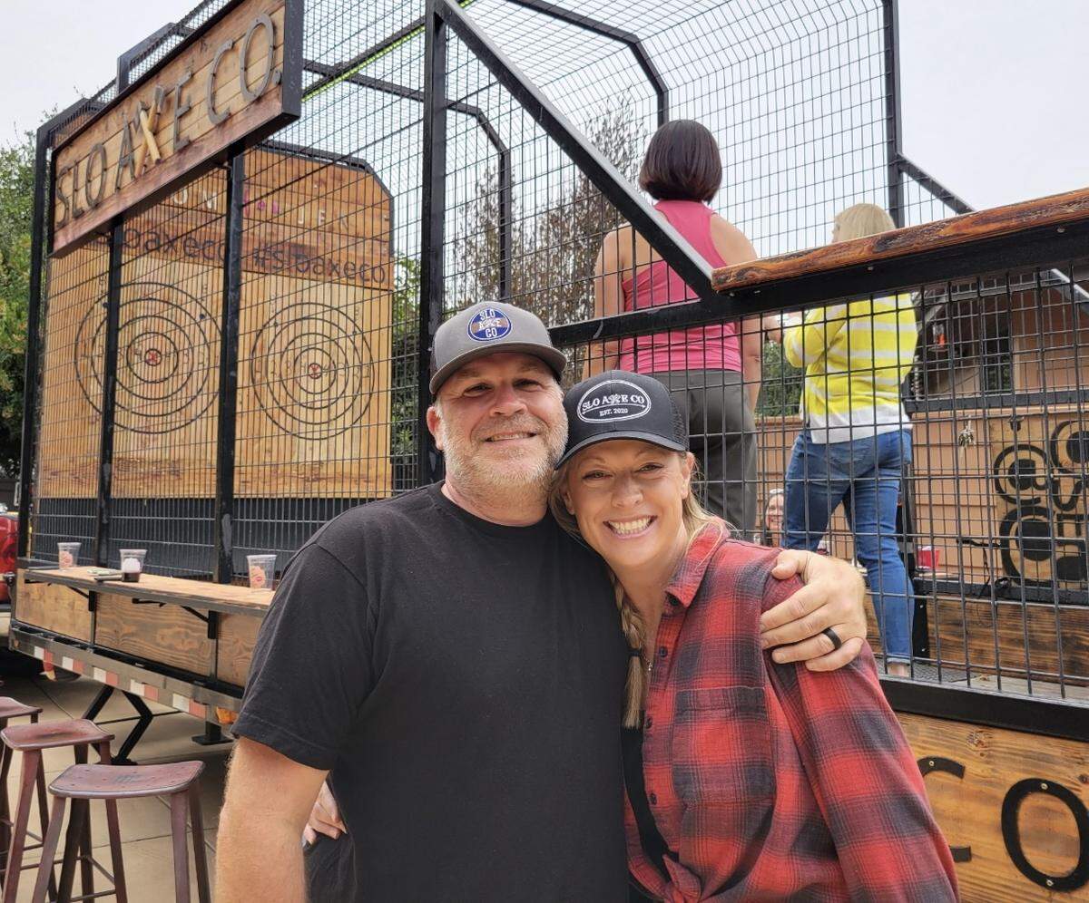 Matt Corning and Jen Jusko Corning are the owners of A-Town Chop Shop, a vintage auto-themed axe-throwing lounge in Atascadero. The business will celebrate its grand opening on Wednesday, May 24, 2023.