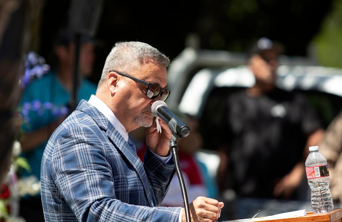 Marine Gunnery Sgt. Todd Fredricks speaks during the Memorial Day Ceremony held at the Faces of Freedom Memorial in Atascadero, on May 27, 2024.