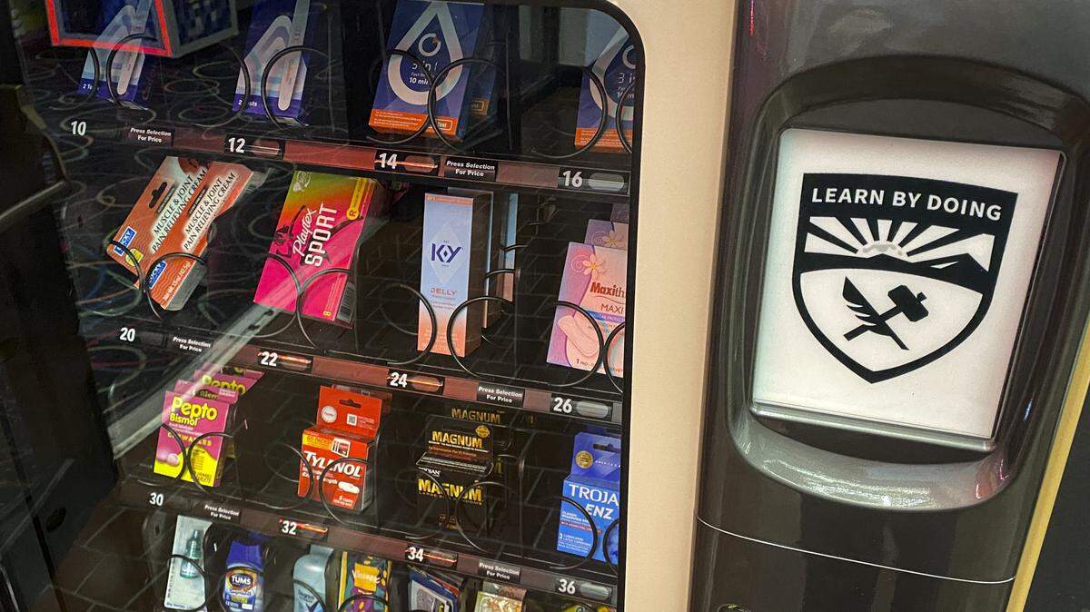 Cal Poly now has vending machines for items that can be found in drug stores as seen here on Nov. 20, 2025. This machine is in the university union along a bank of other vending machines on the ground floor.