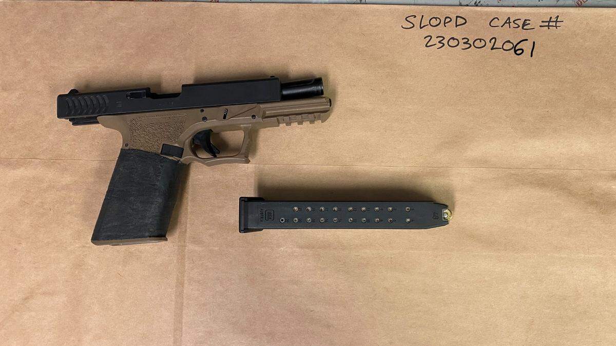 The San Luis Obipo Police Department arrested a man on Thursday, March 3, 2023, after he was allegedly spotted carrying this semiautomatic handgun with a magazine partially loaded with ammunition.