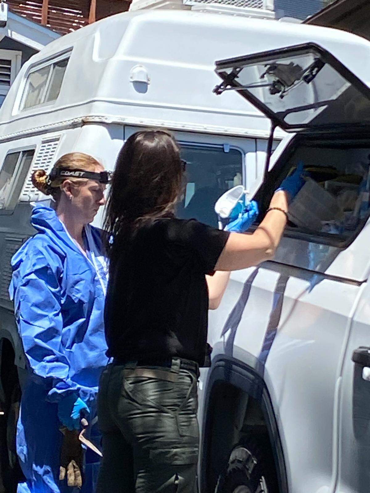 Forensic investigators from the San Luis Obispo County Sheriff’s Office work at Susan Flores’ house on Saturday, May 9, 2026, in the search for Kristin Smart. The investigators were focusing on the crawlspace under the house.