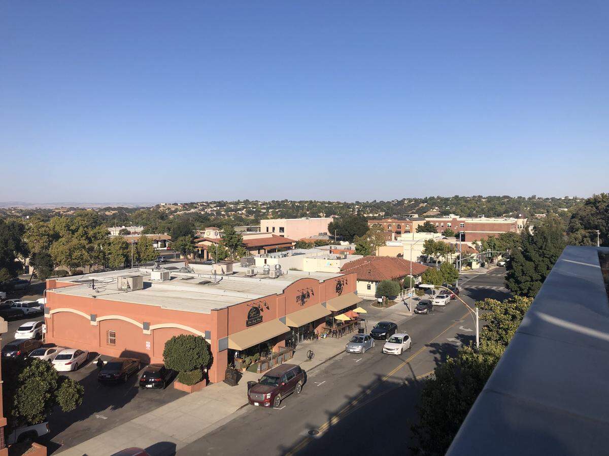The view from The Piccolo hotel looks out over downtown Paso Robles and the City Park.