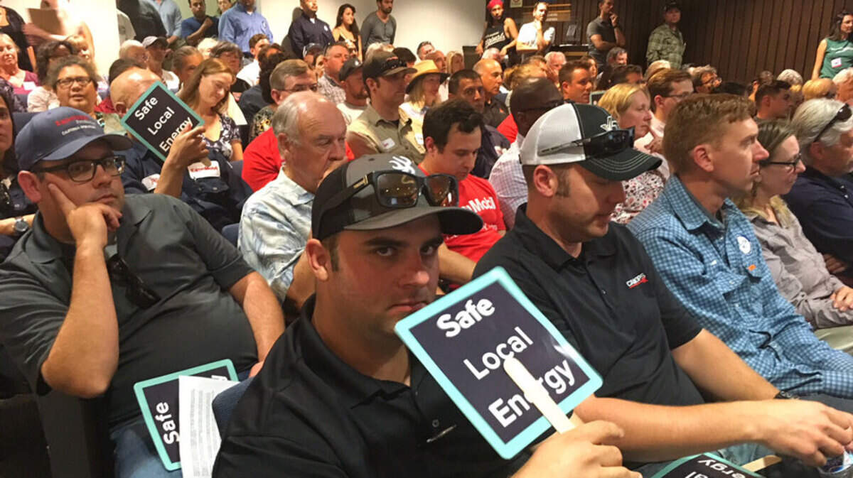 More than 100 people attend an environmental-scoping hearing for Mobil Exxon’s proposal to start trucking crude oil from its Las Flores Canyon facility on the Gaviota Coast.