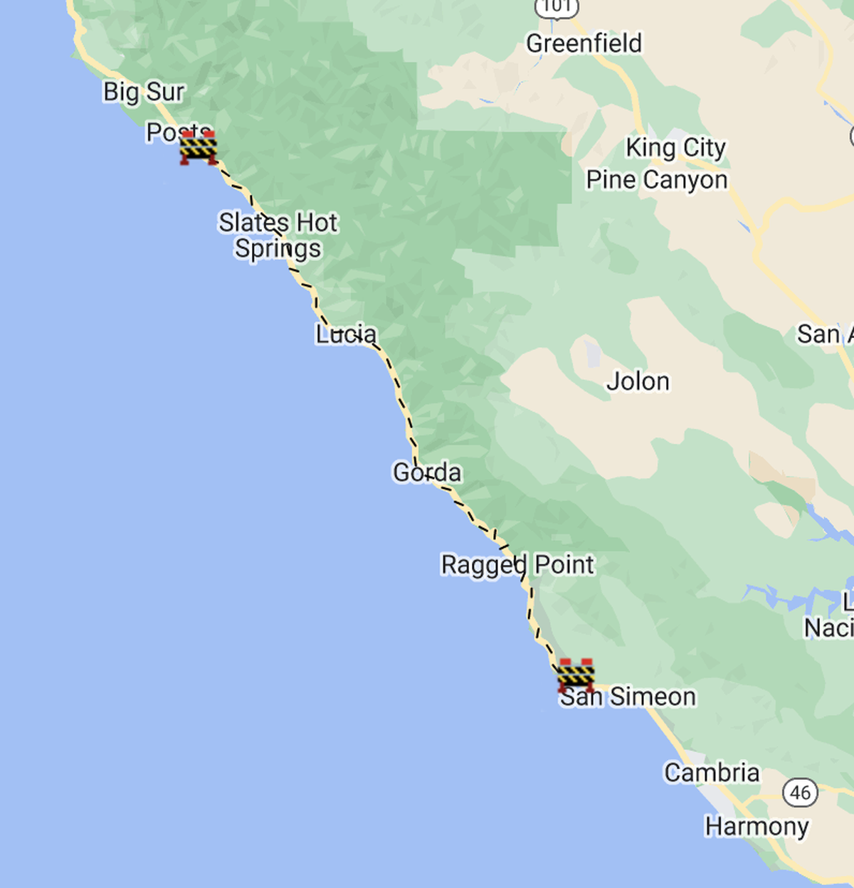 A map of the Highway 1 closure near Big Sur in Monterey County and San Luis Obispo County, Jan. 15, 2023.