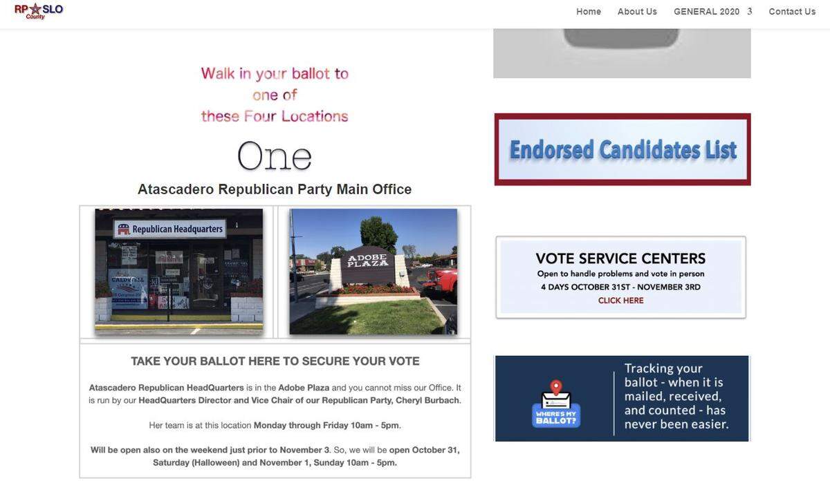 The Republican Party of SLO County’s website encouraged voters to walk in ballots to two of their local offices, as seen in the screenshot above. The portion of the website has since been removed.