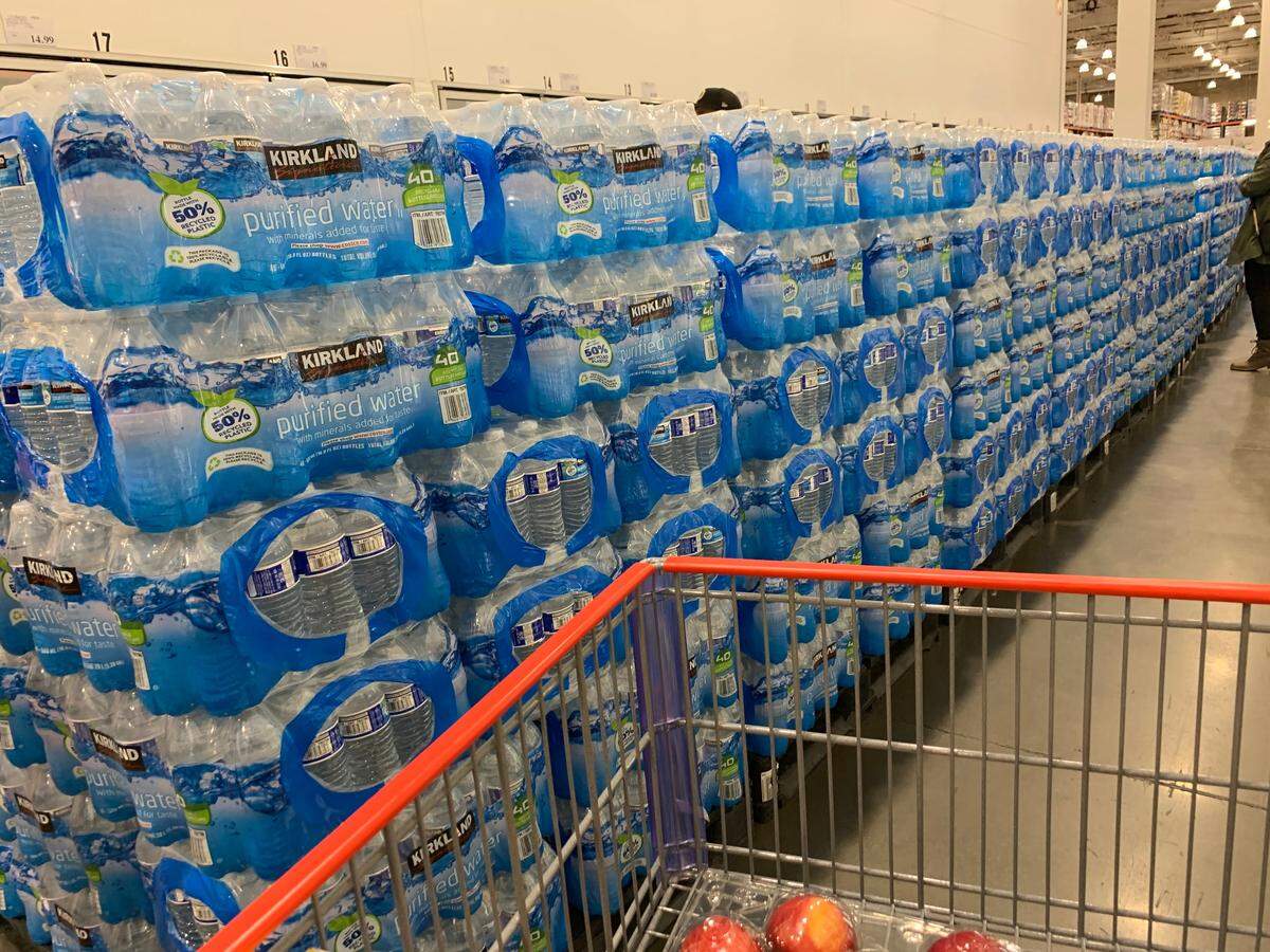 Costco may not have toilet paper. But it does have thousands of bottles of water. Just in case society totally breaks down and the taps stop working.