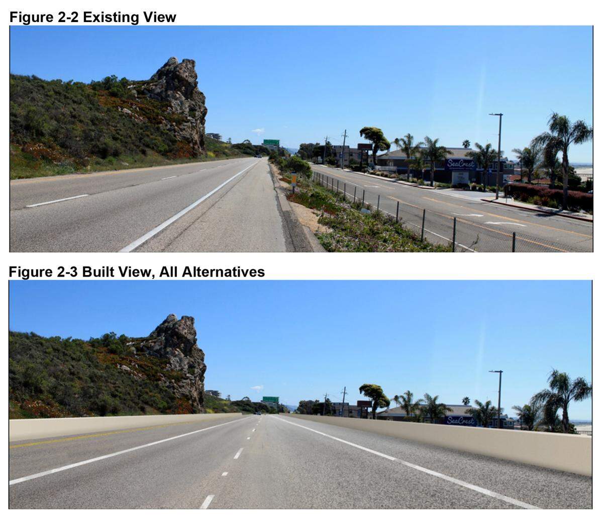 Top photo shows Pismo Rock as it looks now; bottom is simulation of what it would look like with “part-time” lane.