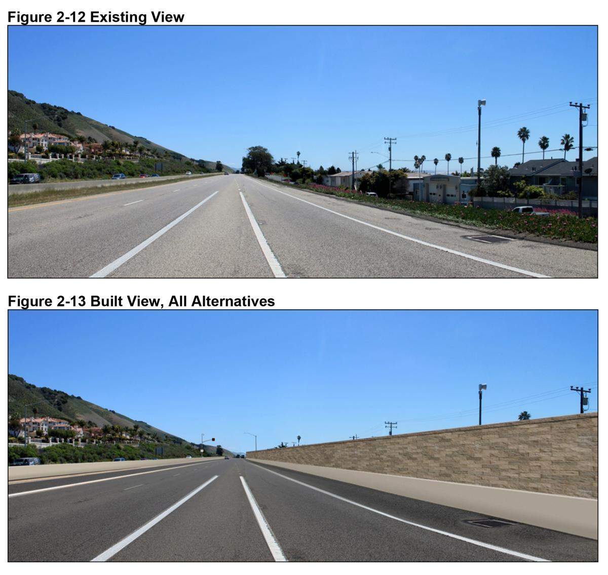 Top photo is the existing view of southbound 101 though Shell Beach; bottom is a simulation of what it would like with an additional lane and sound wall. Caltrans has yet to make a decision on whether to install sound walls.