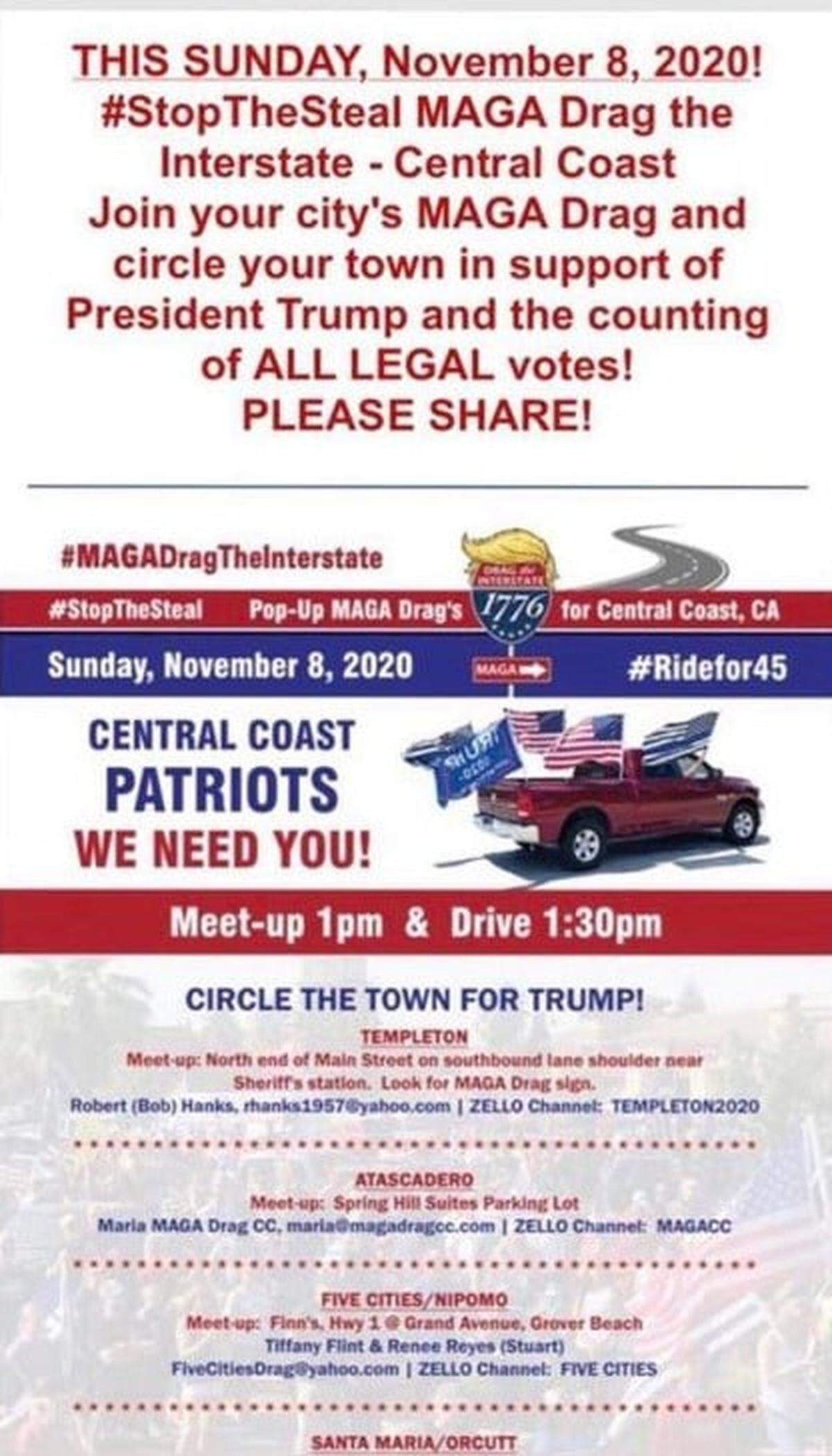 A flier for a Sunday, Nov. 8, 2020 event circulated on Facebook following a lead by former Vice President Joe Biden in the U.S. Presidential race over President Donald Trump.