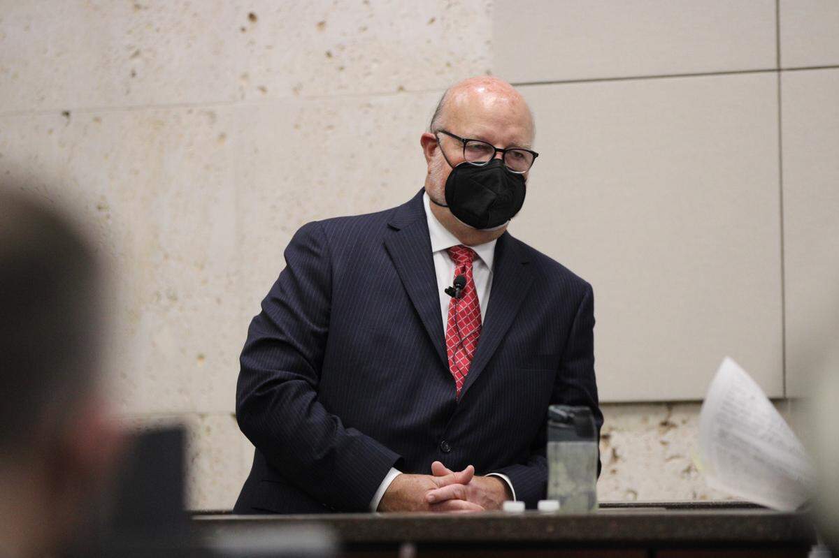 Defense attorney Robert Sanger, who is representing Paul Flores in the Kristin Smart murder trial, appears inside the Montery County Superior Court in Salinas on Aug. 16, 2022. Flores is charged with Smart’s murder.