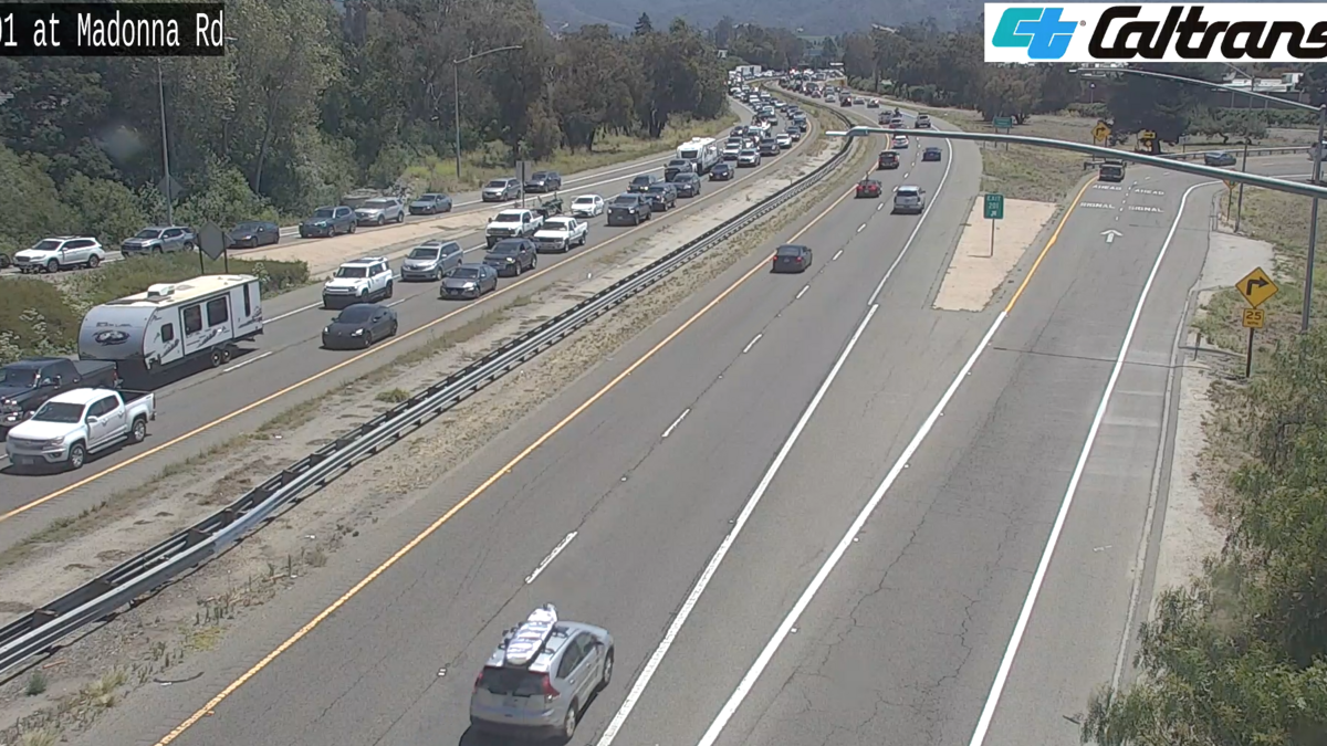 Northbound traffic near Madonna Road on Highway 101 backs up through San Luis Obispo after a multi-car accident on June 12, 2026.