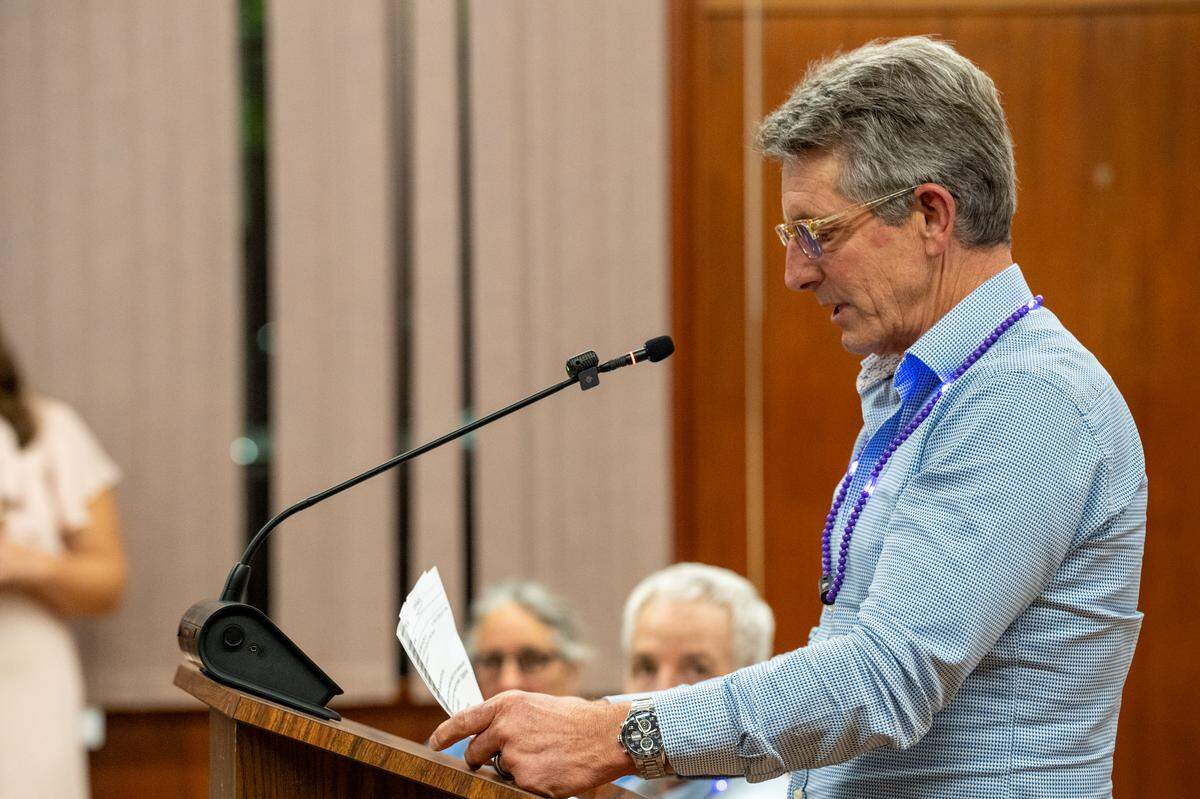 Realtor and property manager Steven Ferrario speaks during a San Luis Obispo City Council study session on introducing a rental registry, on Tuesday, Feb. 24, 2026. Ferrario and other Realtors opposed to a rental registry wore purple LED necklaces at the meeting.
