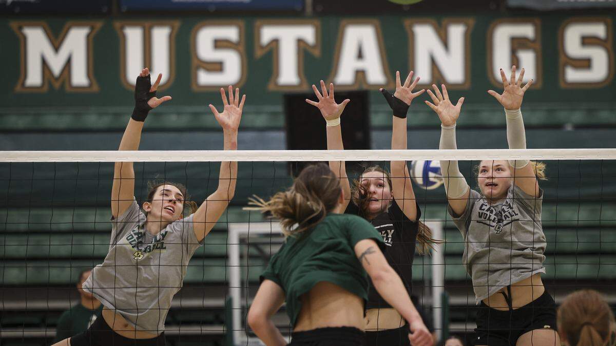 Players brought intensity to Mott Gym as the Mustangs scrimmage in various rotations during a Cal Poly women's volleyball practice on Dec. 8, 2025.