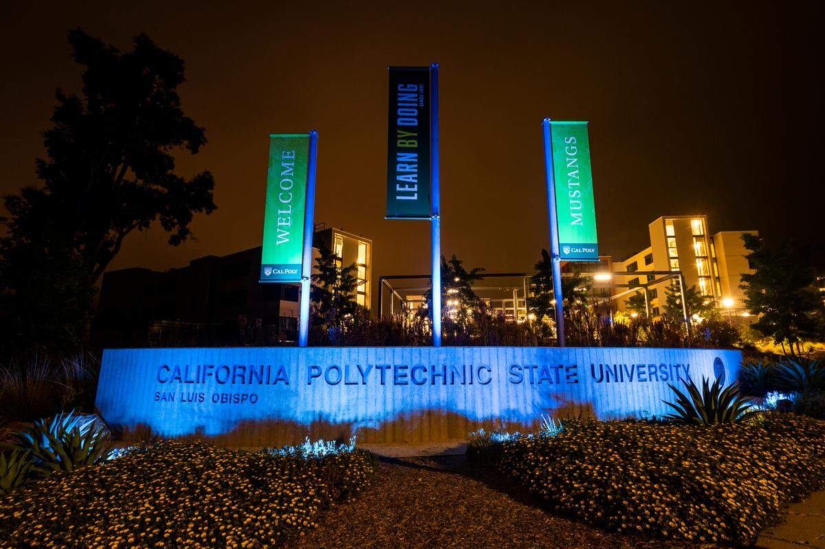 Cal Poly’s Grand Avenue entrance, the Performing Arts Center and the Alternate Care Site at the Recreation Center have been illuminated with blue light to recognize and thank all health care workers who have been providing support, guidance and care for those affected by the COVID-19 pandemic. The Cal Poly “P” also has been painted blue.