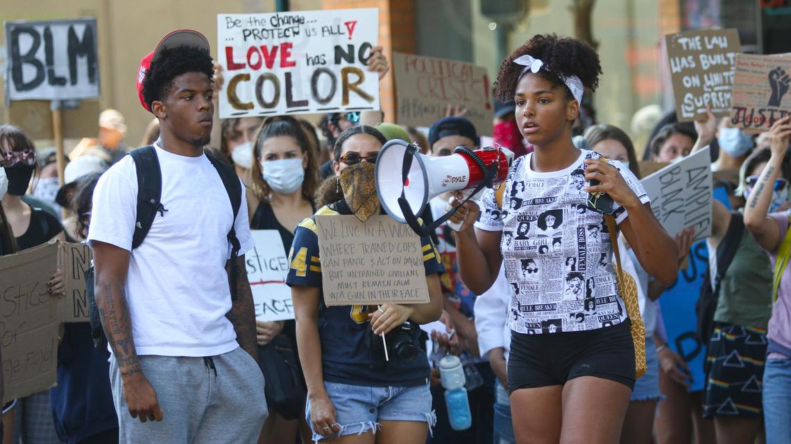 Cal Poly quarterback Jalen Hamler and Tianna Arata were among the leaders speaking via megaphone during A Black Lives Matter protest march held in San Luis Obispo on June 3, 2020.