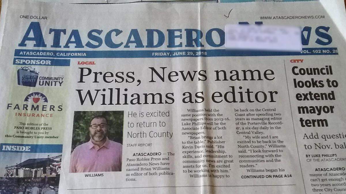The Atascadero News and Paso Robles Press named Brian Williams as their new editor amid management changes.