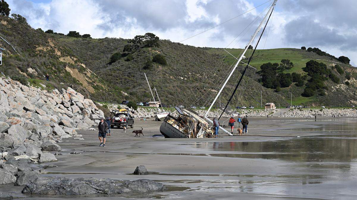 Boats stranded on Olde Port Beach at Port San Luis, brought ashore by the powerful storm last Sunday, which generated 17-foot southerly seas recorded at the Diablo Canyon Waverider Buoy.