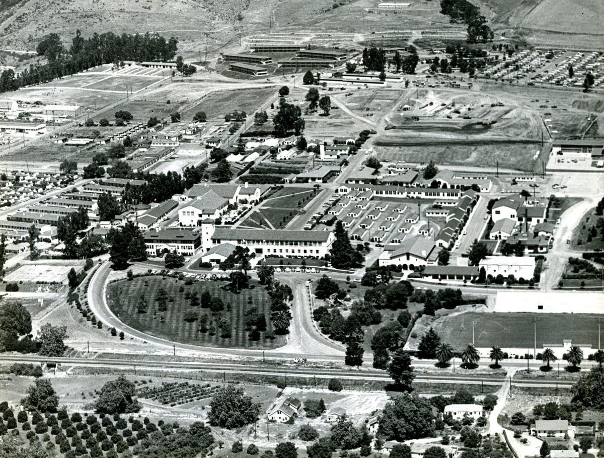The North Mountain Residence Halls at Cal Poly were based on a design already built at Claremont College. This photo is from Claremont. They were rushed into construction when the outbreak of the Korean War removed Camp San Luis Obispo’s hospital housing from Cal Poly’s inventory. Construction started in 1951, and the five buildings were completed for a cost of $250,000 each. They opened in September 1952.