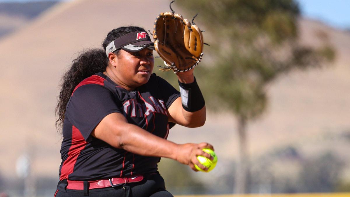 Key-annah Pu’a winds up for a pitch. After trailing all game, the Nipomo Titans beat the Fallbrook Warriors 9-8 in a walk-off win in the first round of the Division V CIF Southern California Softball Championships.