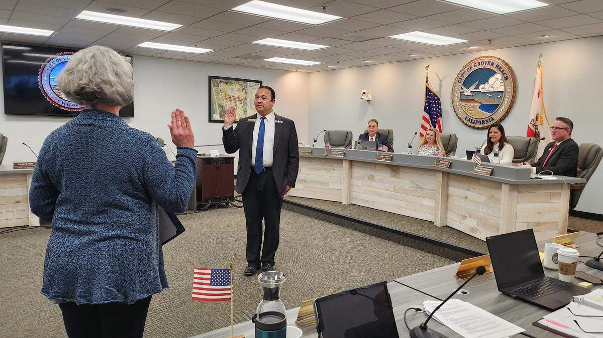 Clint Weirick takes the oath of office after he was appointed to the Grover Beach City Council on Tuesday, Jan. 23, 2023. He filled the seat left vacant after Karen Bright was elected mayor.