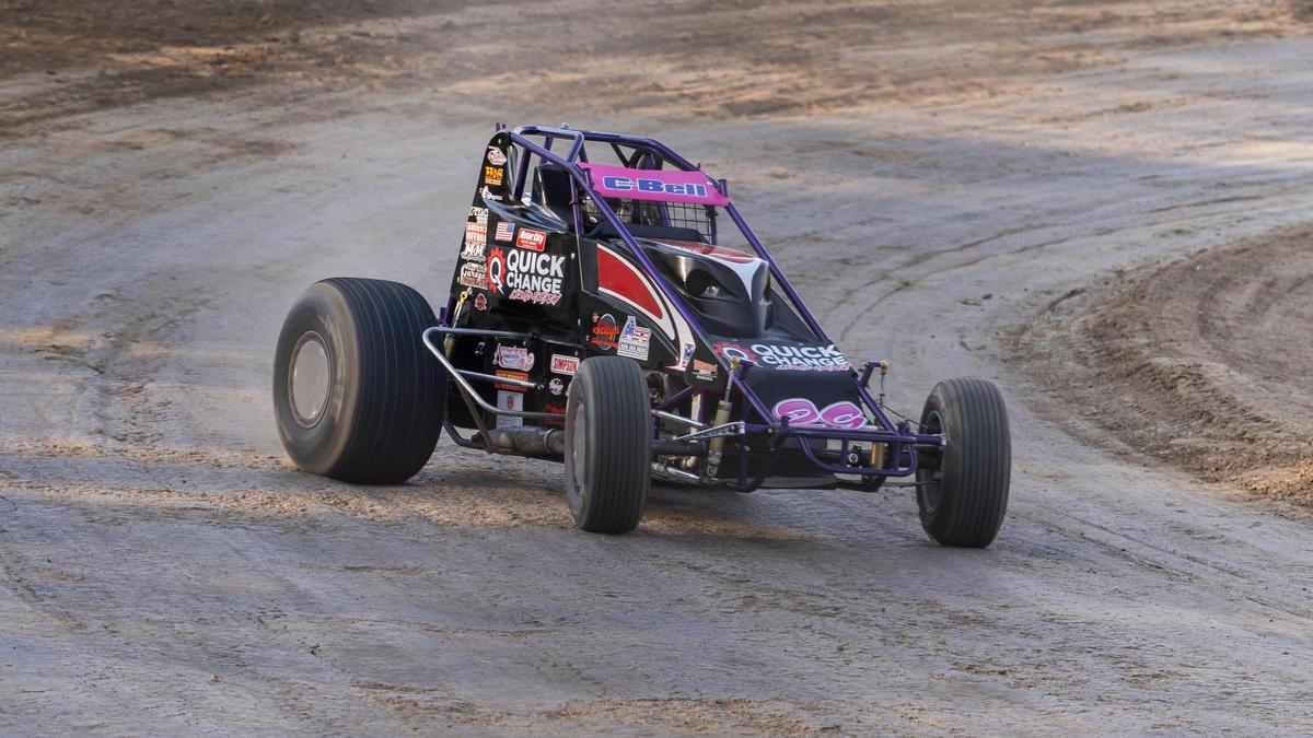 A “midget” car takes a turn at the Santa Maria Speedway during warm-ups on Saturday, May 17, 2025.