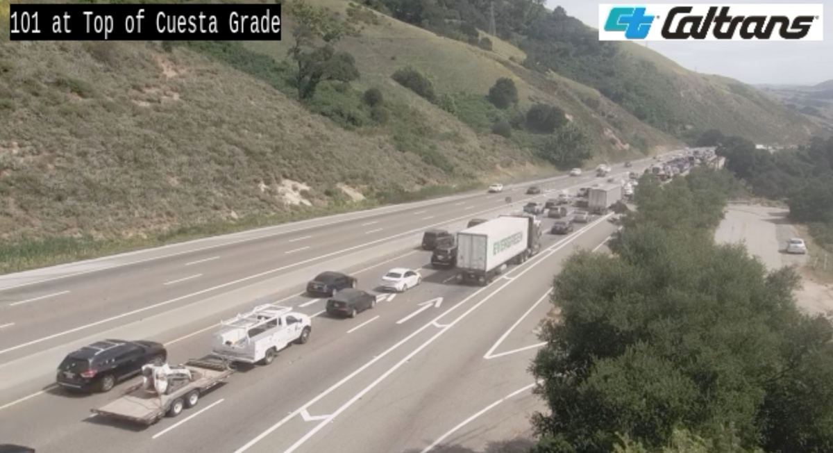 A crash involving a semi-truck and a military vehicle backed up traffic on southbound Highway 101 over the Cuesta Grade on Thursday, April 9, 2026.