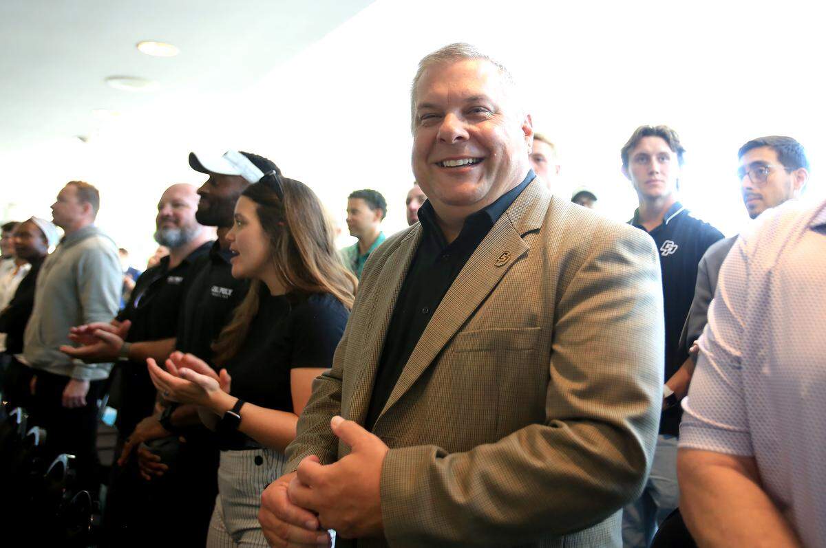 Don Oberhelman attends the news conference on Sept. 25, 2025, announcing that Carter Henderson, a deputy athletics director at Stanford, has been picked to succeed Oberhelman as Cal Poly’s athletic director.
