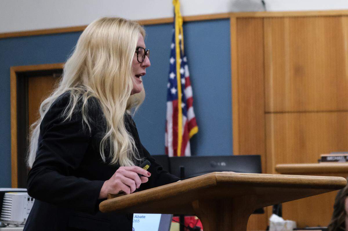 San Luis Obispo County Deputy District Attorney Kimbery Dittrich gives closing arguments in the case against Nate Abate in San Luis Obispo Superior Court on Oct. 16, 2024. Abate is charged with two counts of rape by force, one count of rape by intoxication and oral copulation of a minor — all felonies.