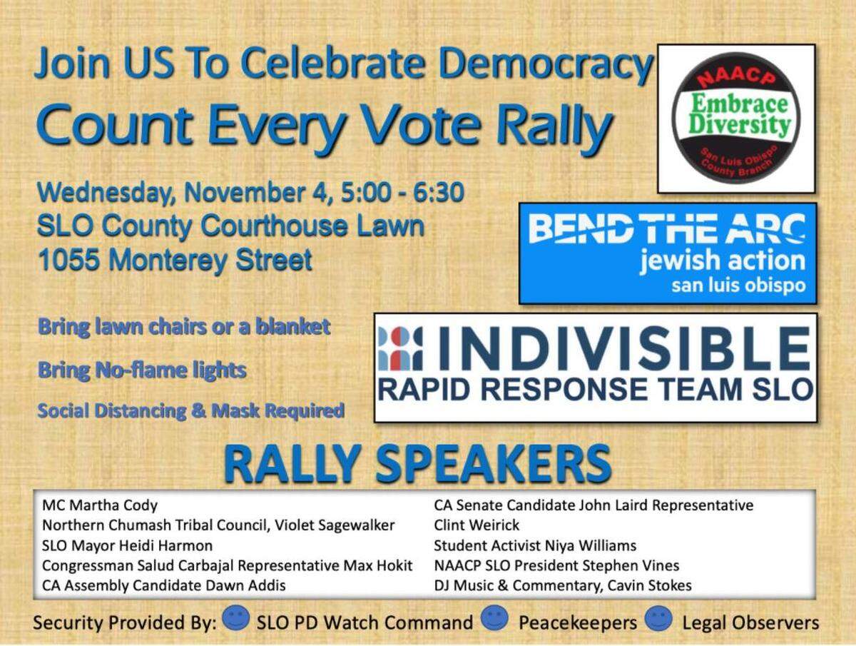 A flier for a NAACP of San Luis Obispo County rally to County Every Vote at the San Luis Obispo Superior Courthouse Nov. 4, 2020.