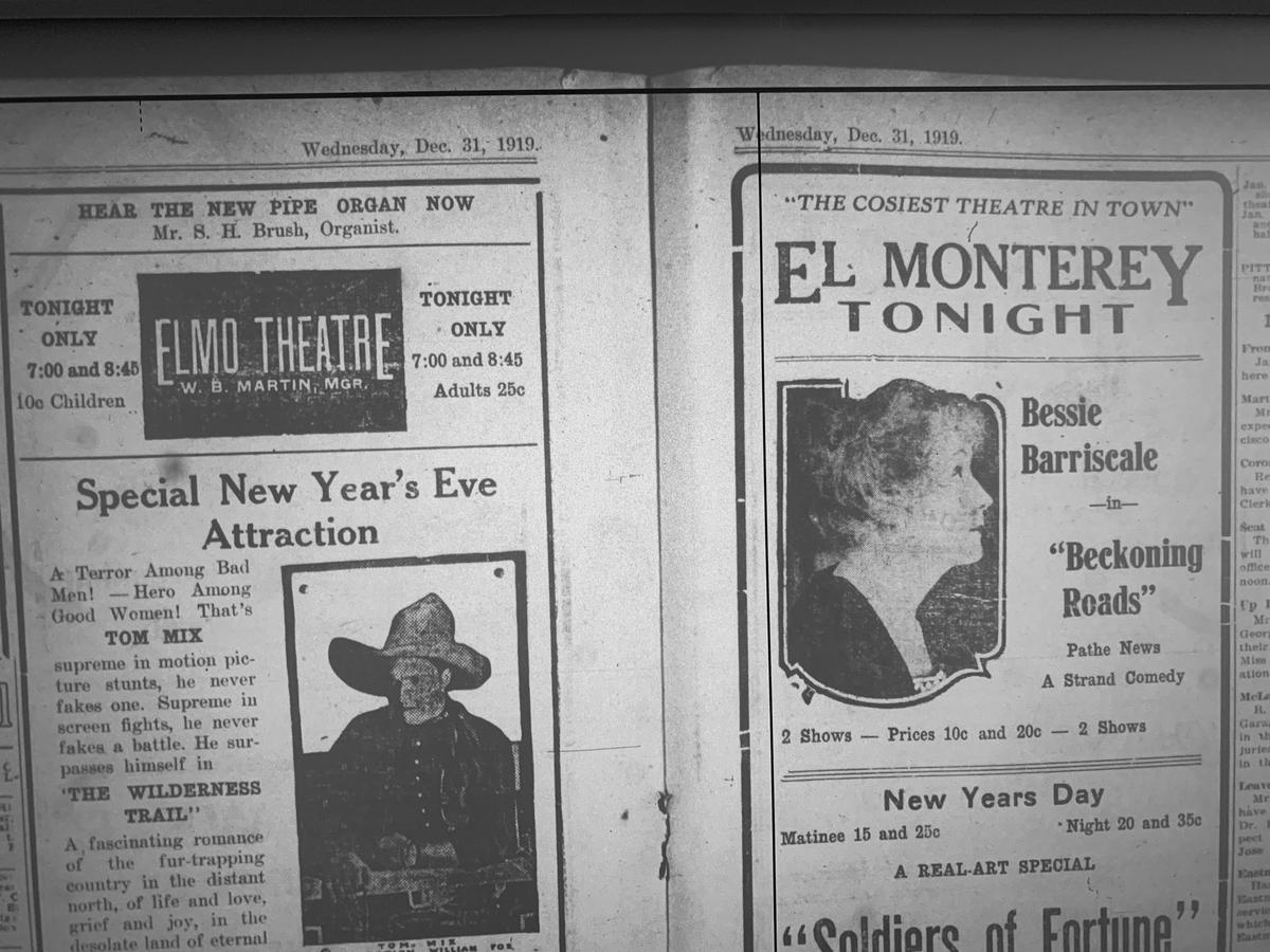 Movie advertisements in the Dec. 31, 1919 San Luis Obispo Daily Telegram for the Elmo Theater and El Monterey featuring Tom Mix and Bessie Barriscale. Tickets cost up to 35 cents.