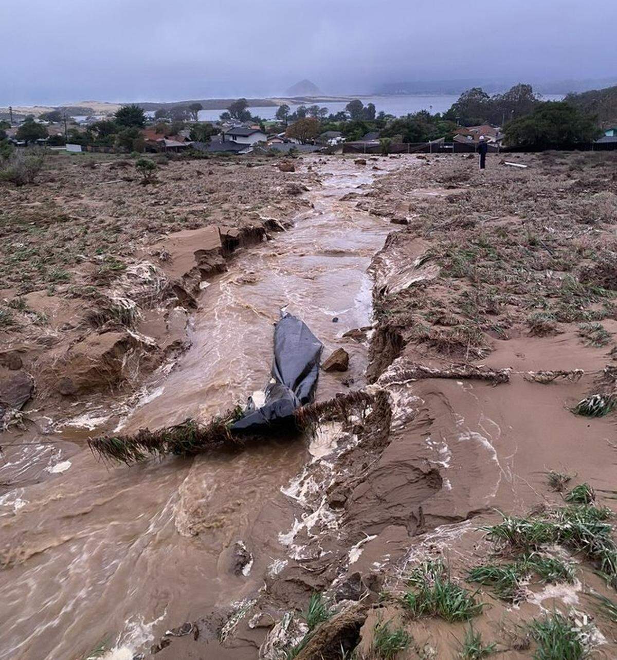 Floodwaters from a failed water retention basin damaged 20 homes in the vicinity of Vista Court and Montana Road in Los Osos on Jan. 10, 2023.