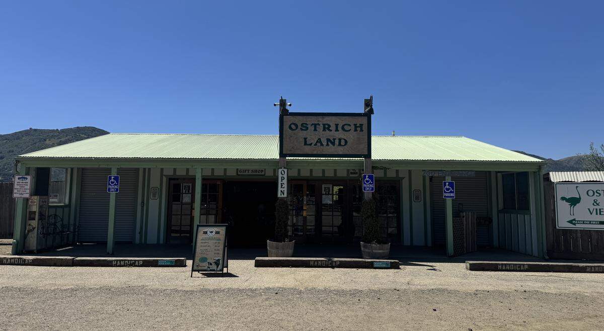 A single story structure with parking spots in front and a hanging sign in the middle of the building saying “OstrichLand.”