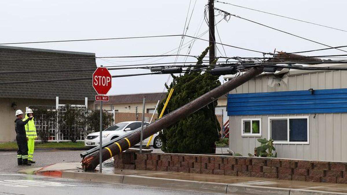 A utility pole on Highland Way in Grover Beach was knocked down during the powerful winter storm moving across San Luis Obispo County on Feb. 24, 2023.