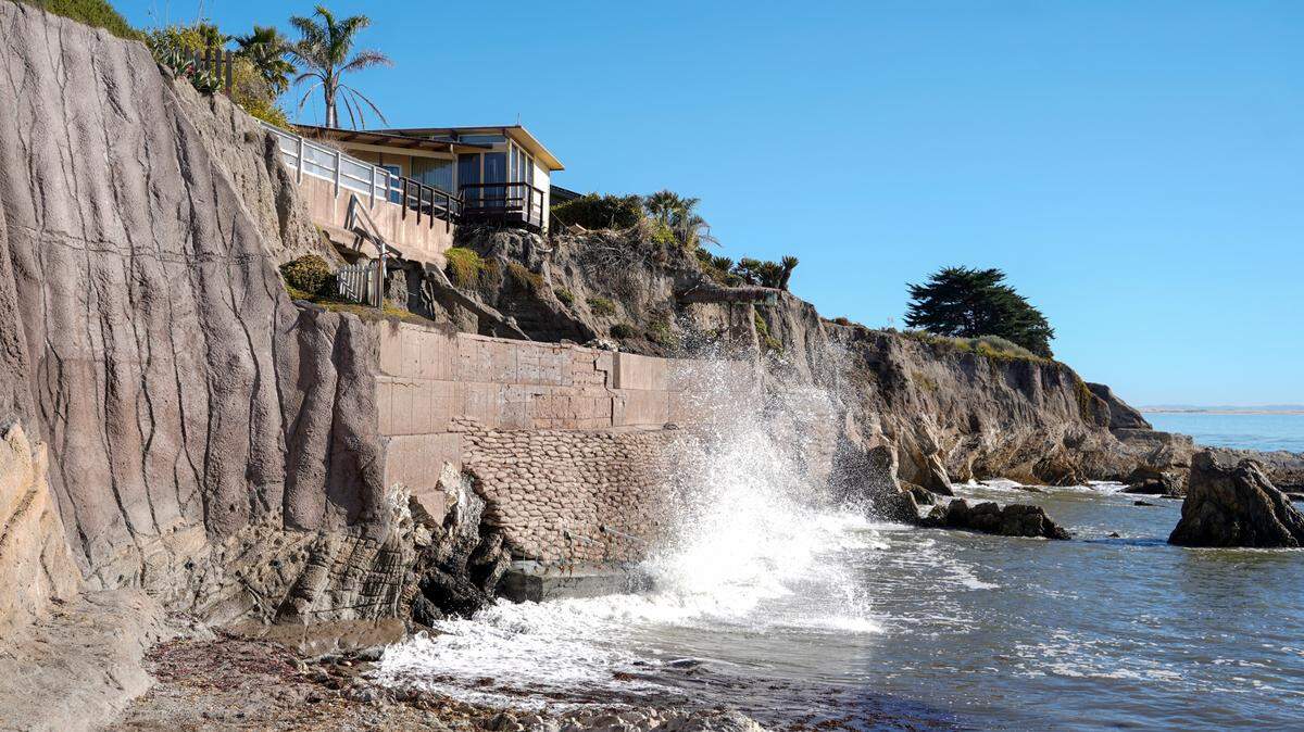 A stretch of seawall near 195 Naomi Ave. is in the process of being repaired in Shell Beach. A large crane was spotted moving materials between the blufftop street and the beach in November 2024.