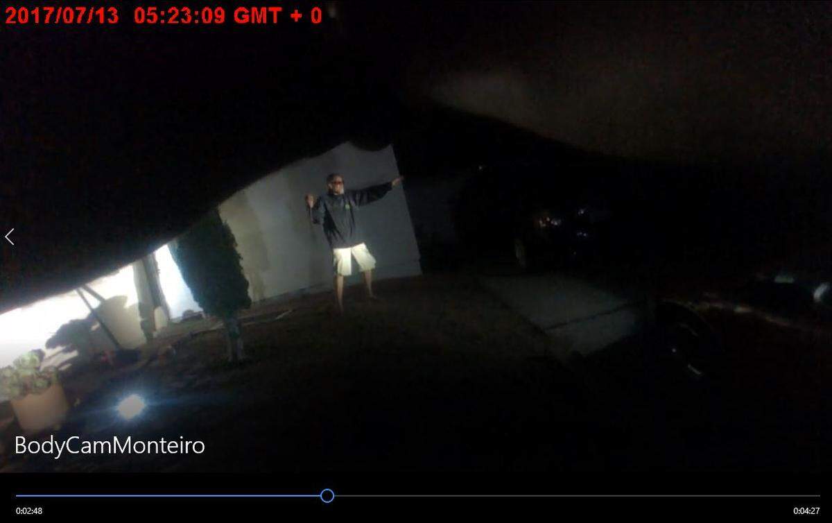Body camera footage shows Kenneth Eustace in front of a home in the 1000 block of Brighton Avenue in Grover Beach swinging a metal pipe on a rope. Eustace was fatally shot moments later after advancing on an officer.